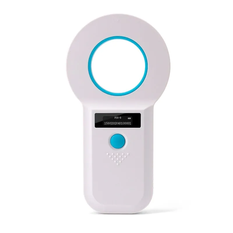 A520-M handheld FDX-B reader in white with blue ring, front view