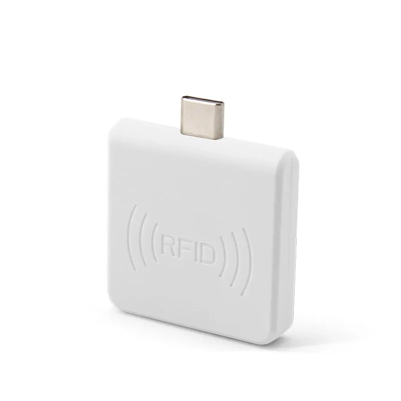 H220-C white USB-C NFC reader standing upright, three-quarter view