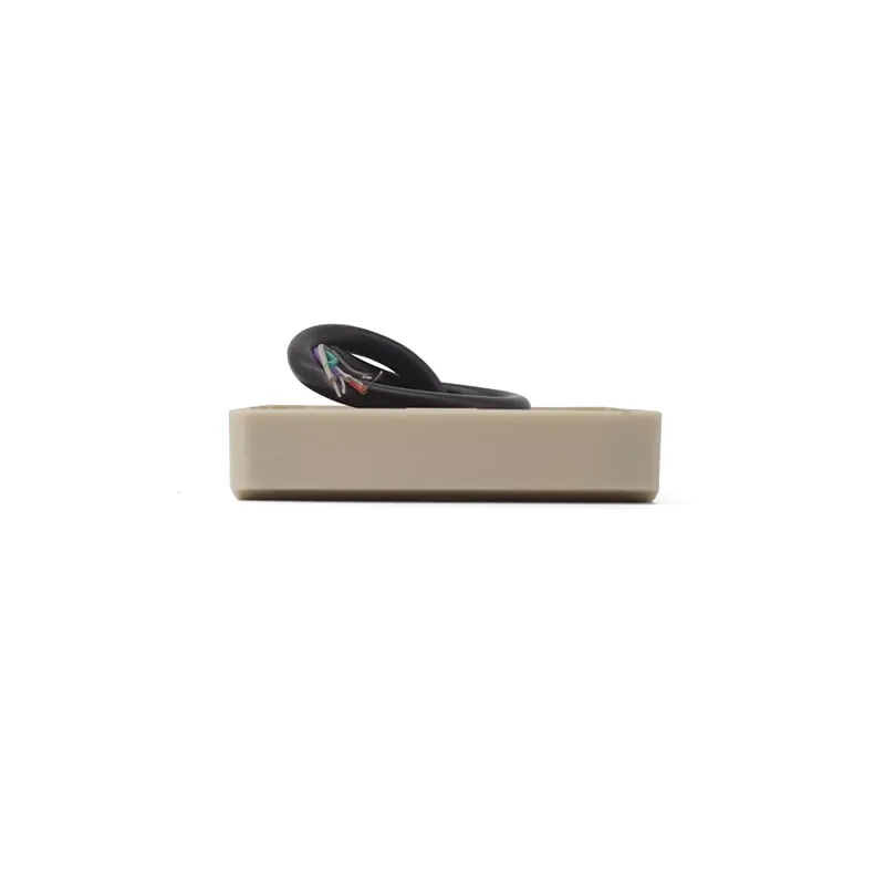 L410-W waterproof resin-potted reader lying flat, edge view with coiled color-coded wiring lead
