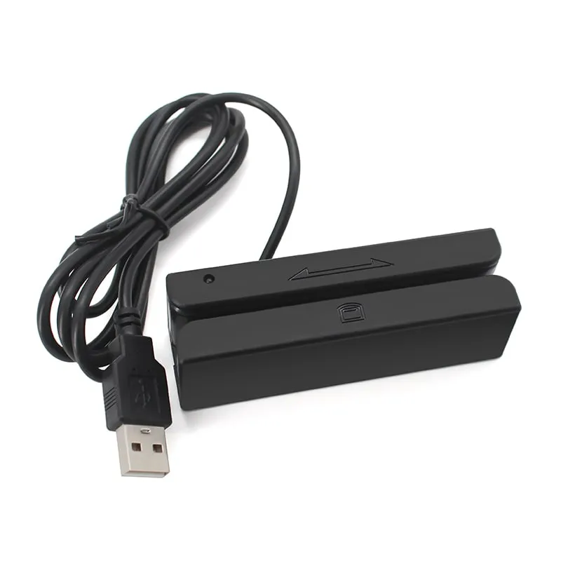 M170-U magnetic stripe card reader side view with bi-directional swipe arrow and coiled USB cable