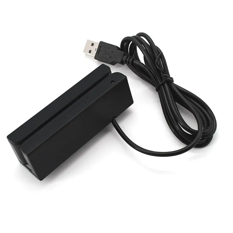 M170-U USB magstripe reader, rear three-quarter view with LED indicator and cable exit