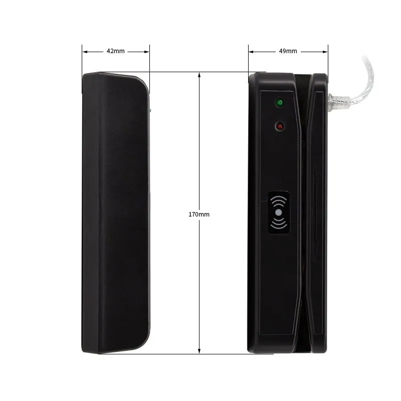 M180-U Track 2 magnetic stripe reader dimension drawing, 170 × 42 × 49 mm, side and front views with LEDs