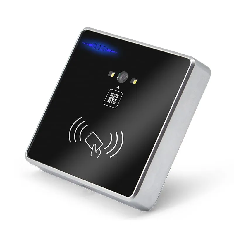 Q420-M QR code + RFID access reader, angled front view with blue backlit label, scan lens and card area