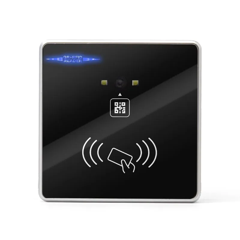 Q420-M QR code and RFID card reader, front view of the black acrylic panel in a silver frame