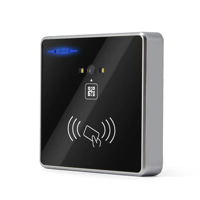 Q420-M 86-box QR access reader, three-quarter view of the slim zinc-alloy frame