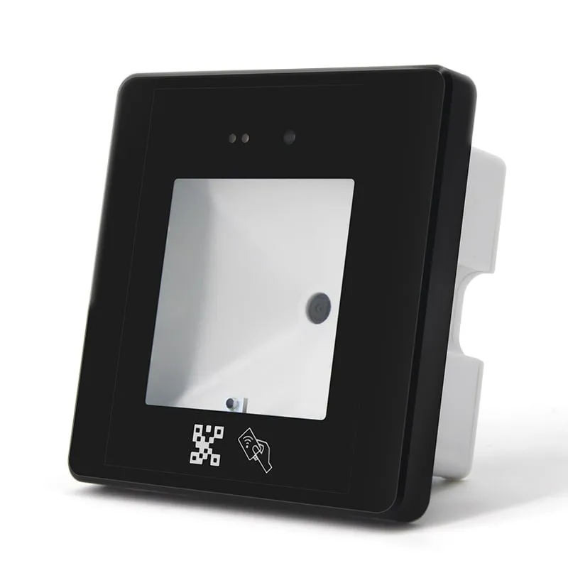 Q430-M QR code + RFID access reader, angled front view with tempered-glass scan window and white rear terminal box