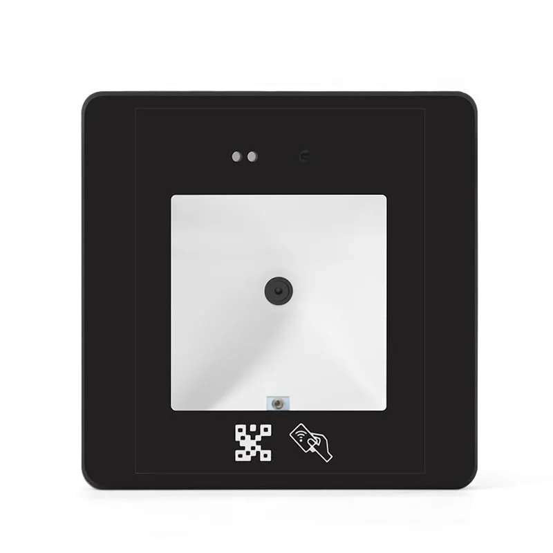 Q430-M QR code and card reader, front view of the black panel and square scan window