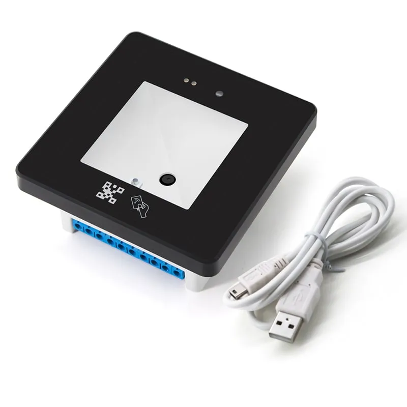 Q430-M reader with blue terminal block, shown with a mini-USB to USB-A cable