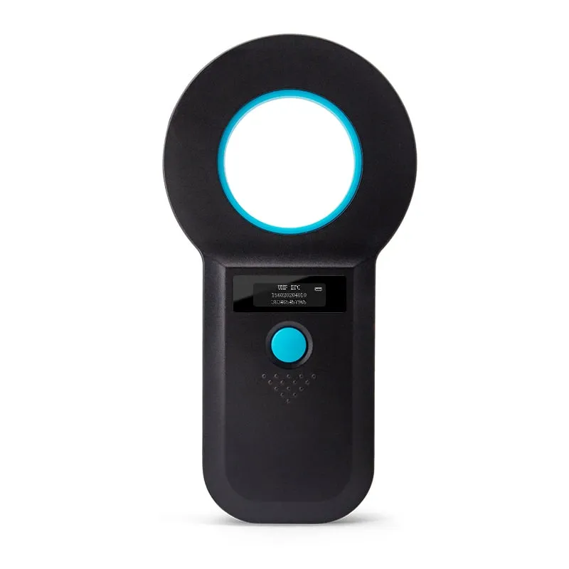 U520-M handheld UHF RFID reader, black, front view with ring antenna and OLED showing a UHF EPC read