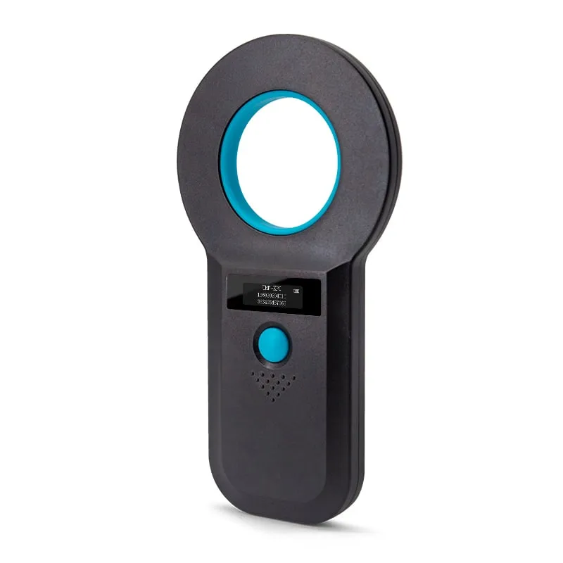 U520-M handheld UHF reader, black, angled view of ring head, OLED and scan button
