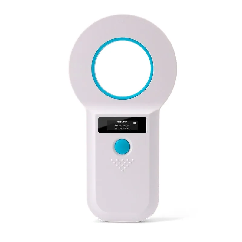 U520-M handheld UHF RFID reader, white with blue ring, front view
