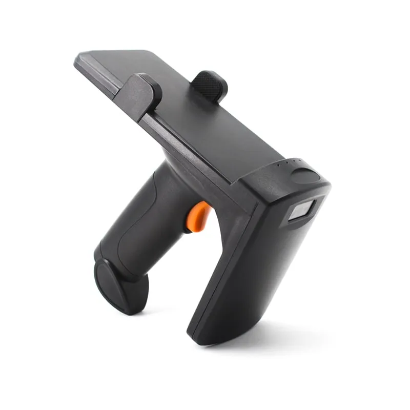 U550-M UHF RFID pistol-grip handheld with phone clamp and orange trigger, angled front view