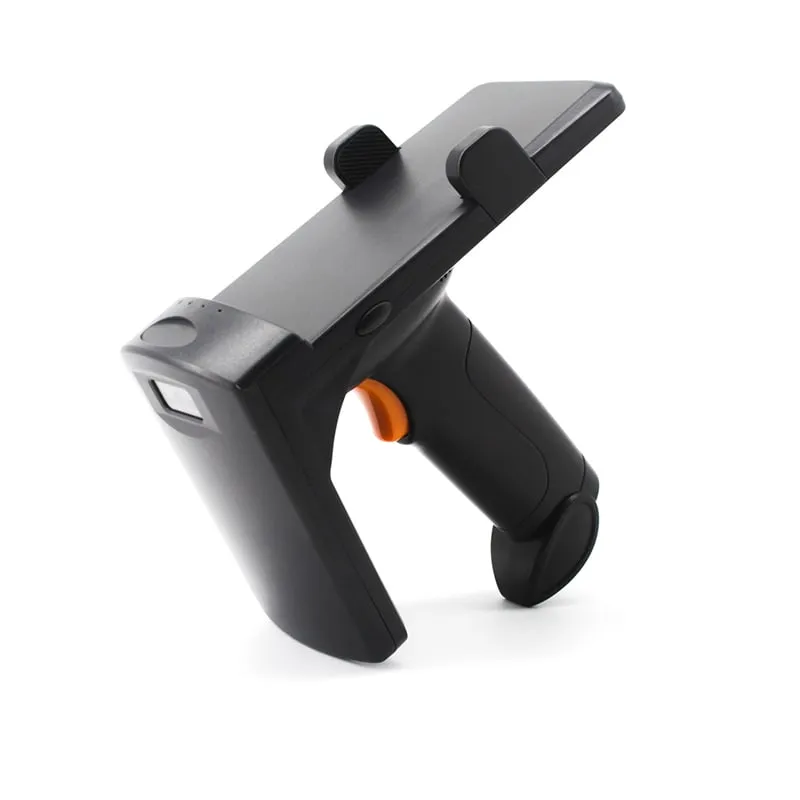 U550-M pistol-grip UHF reader, angled view from the other side showing phone clamp and scan window