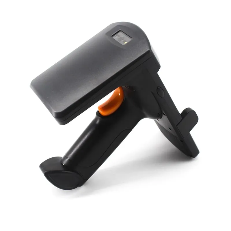 U550-M UHF RFID pistol-grip reader, front face with barcode window, angled view