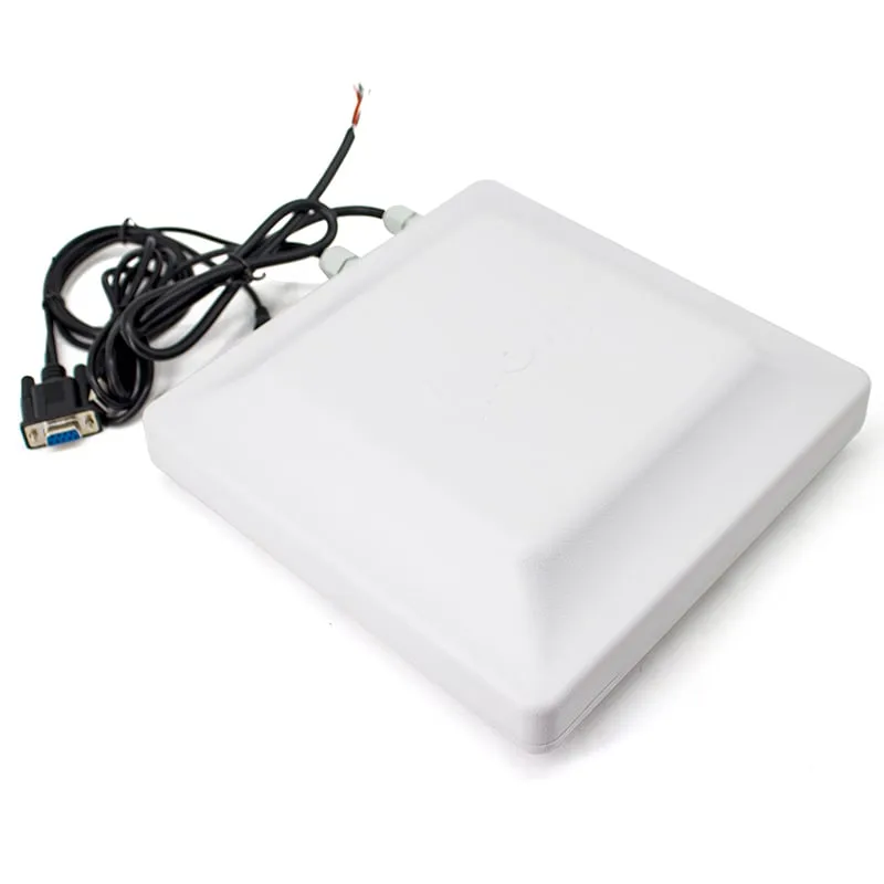 U610-M UHF reader lying flat, top view with DB9 serial cable and wire leads
