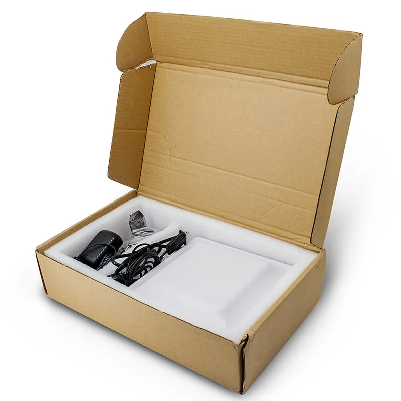 U610-M UHF integrated reader packed in its carton with foam insert and power adapter