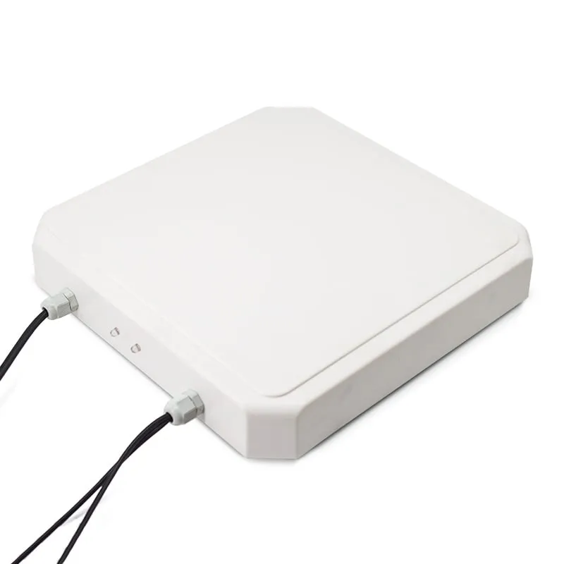 U630-M UHF integrated RFID reader lying flat, angled view with cables