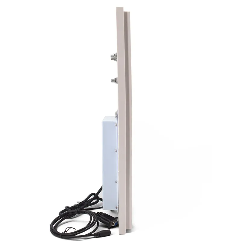 U640-M long-range UHF RFID reader, side profile with rear electronics box and cables