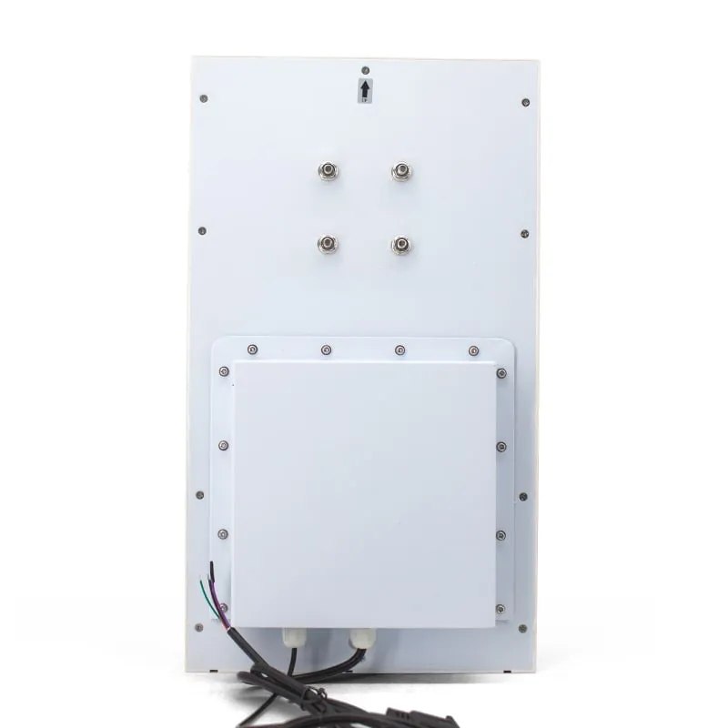 U640-M UHF integrated reader rear plate with four mounting studs, top-edge arrow and cable glands